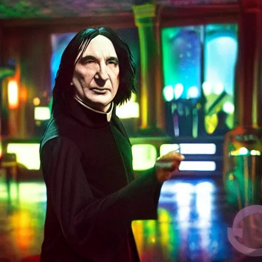 Image similar to Severus Snape dances in a bar, neon, realistic, full body, very detailed, super realistic dramatic view