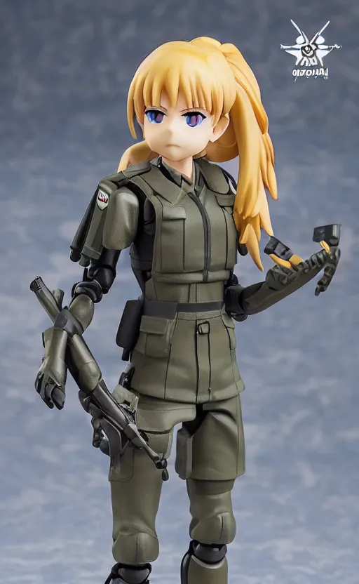 Prompt: toy photo, realistic face, school uniform, portrait of the action figure of a scifi soldier girl, anime character anatomy, small blue eyes, figma by good smile company, collection product, dirt and smoke background, flight squadron insignia, realistic military gear, 70mm lens, round elements, photo taken by professional photographer, trending on instagram, symbology, 4k resolution, low saturation, realistic military carrier