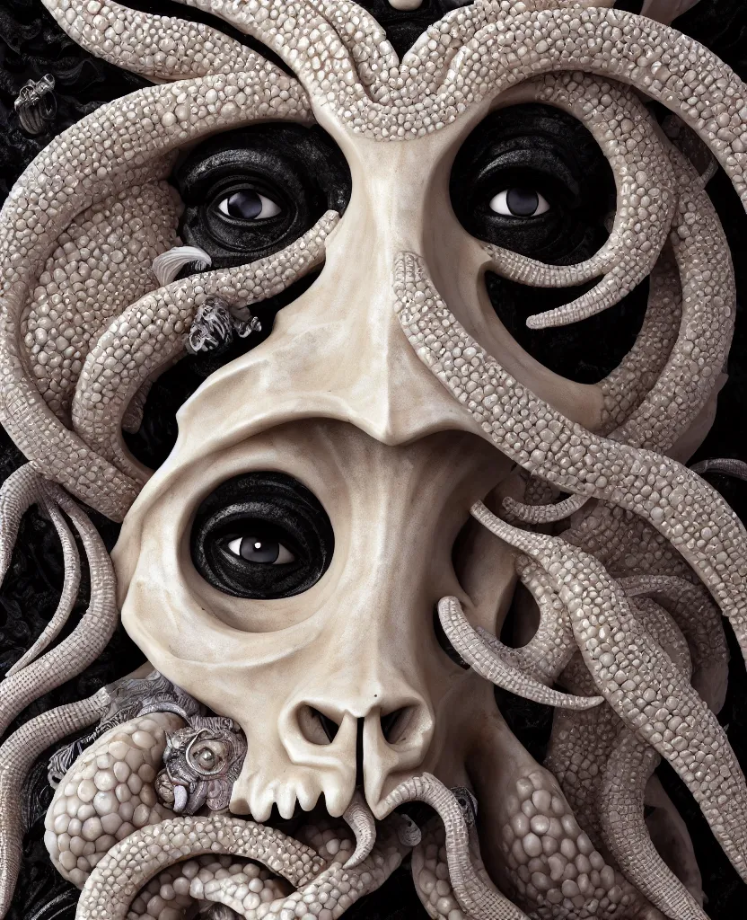 Image similar to goddess princess face close-up portrait ram skull. sculpture made of black stone with elements made of polished gold. jellyfish phoenix head, nautilus, orchid, skull, betta fish, bioluminiscent creatures, intricate artwork by Tooth Wu and wlop and beeple. octane render, trending on artstation, greg rutkowski very coherent symmetrical artwork. cinematic, hyper realism, high detail, octane render, 8k