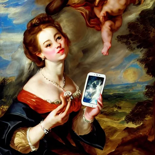 Image similar to heavenly summer sharp land sphere scallop well dressed lady taking a selfie with her iphone auslese, by peter paul rubens and eugene delacroix and karol bak, hyperrealism, digital illustration, fauvist, iphone