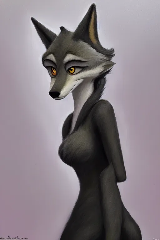 Image similar to oil painting of anthromorphic female wolf, in style of zootopia, female fursona, furry, furaffinity, 4 k, deviantart, furry art, fursona art, wearing black business suit, business suit, wolf fursona, female, smug expression,