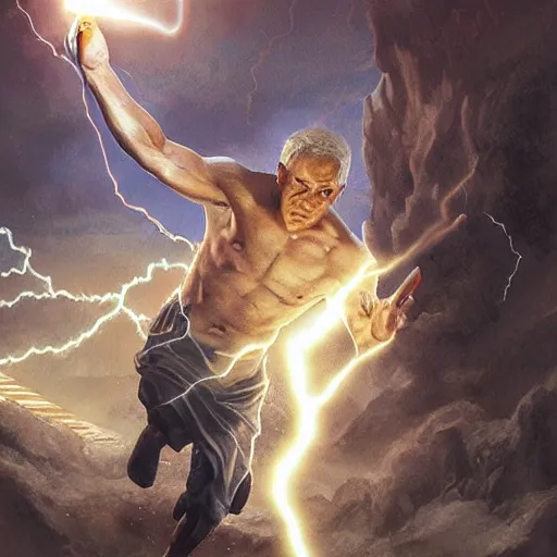 Prompt: benjamin netanyahu as a greek god of lightning, shooting lightning bolts from hands, highly detailed, ultra clear, by artgerm and greg rutkowski
