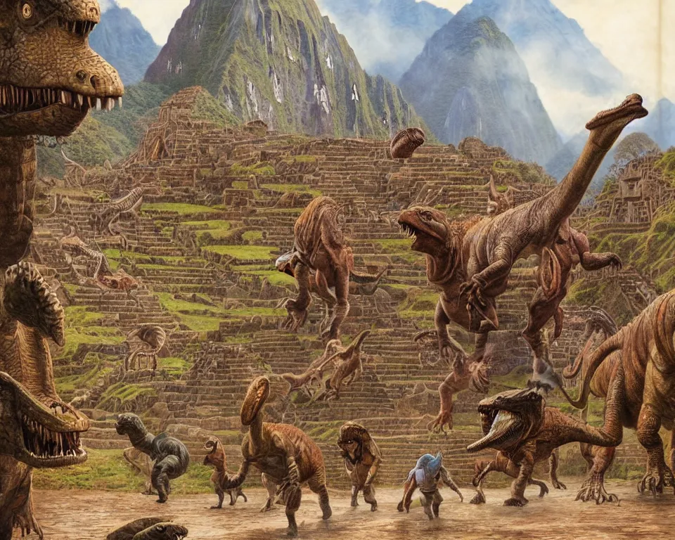 Prompt: dinosaurs walking through a mythical ancient Incan city by James Gurney and Hopper.