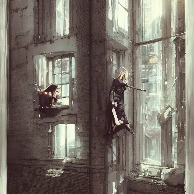 Image similar to window, woman, buildings, surprise, scared, couch by wlop, artgerm, greg rutkowski, evocative, highly detailed