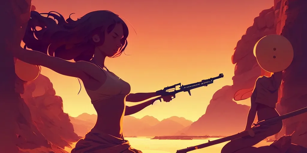 Image similar to smooth weapon, desert - colors, centered median photoshop filter cutout vector behance hd by artgerm, jesper ejsing, by rhads, makoto shinkai and lois van baarle, ilya kuvshinov, rossdraws, illustration, art by ilya kuvshinov and gustav klimt