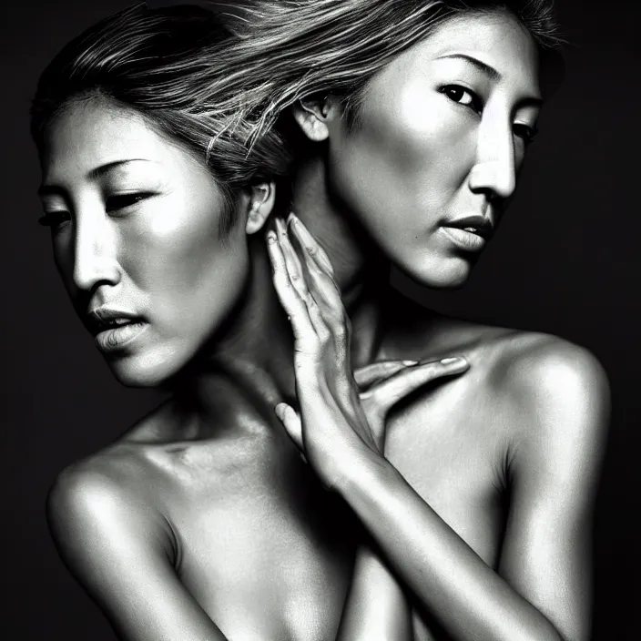 Image similar to photography face portrait on a tropical background of a beautiful woman like dichen lachman, black and white photography portrait, skin grain detail, high fashion, 8 k, ultra sharp focus, studio lighting film noir style photography, by richard avedon, and paolo roversi and nick knight, and hellmut newton,