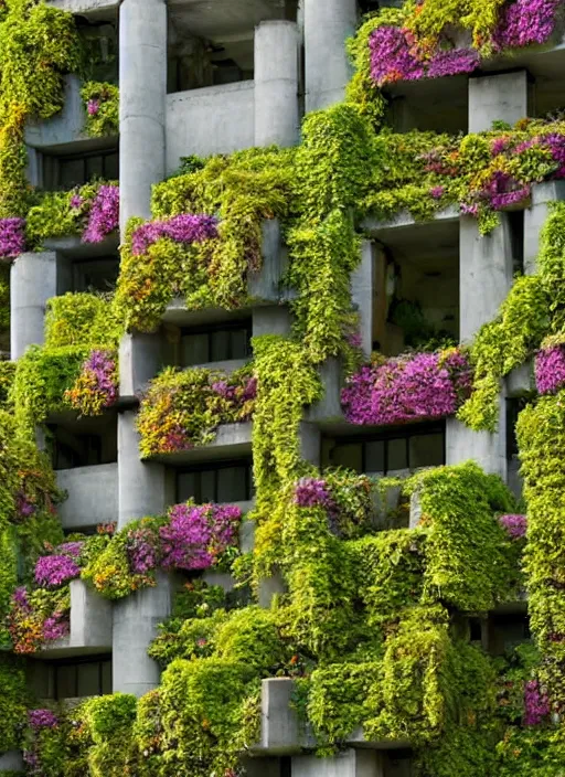 Prompt: brutalist buildings covered in colorful vines and flowers by Denys Lasdun
