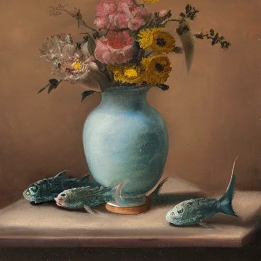 Image similar to a still life of a vase filled with dead fishes, oil painting