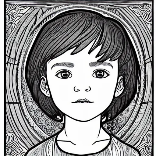 Prompt: clean simple line art of a little boy with short hair. no background. well composed, clean coloring book page, beautiful detailed face. coloring book line art by greg rutkowski and johanna basford and alphonse mucha