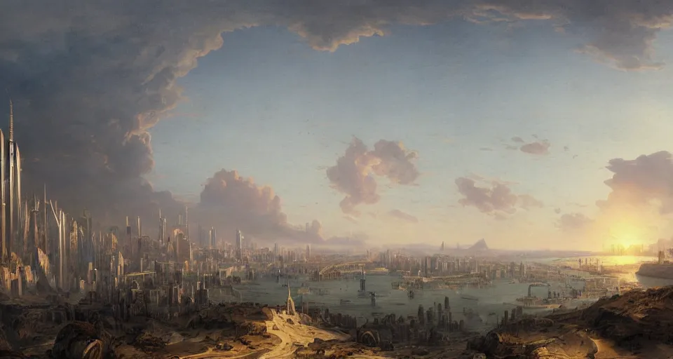 Prompt: view on futuristic city in the horizon, illustration by asher brown durand, detailed, sharp, masterpiece, 8 k