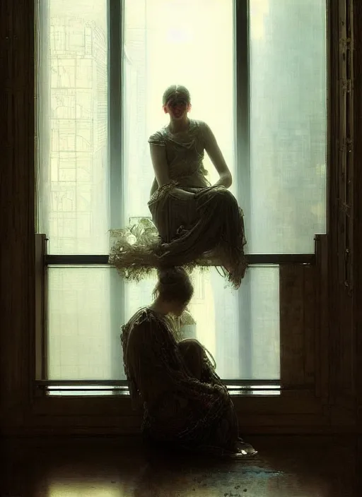 Prompt: a portrait of beautiful woman sitting in the floor, inside a modern apartment, intricate oil painting, hyperdetailed, misty, ethereal, dramatic lighting, by jeremy mann and ruan jia and lawrence alma - tadema