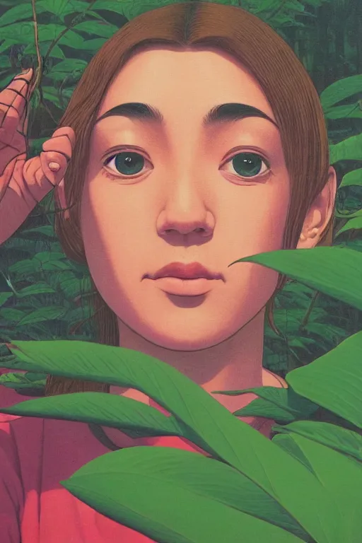 Image similar to a closeup portrait of a young woman taking mind altering drugs, a blotter paper of lsd acid and dreaming psychedelic hallucinations in the vast green landscapes of the amazon jungle, by kawase hasui, moebius, edward hopper, colorful flat surreal design, hd, 8 k, artstation