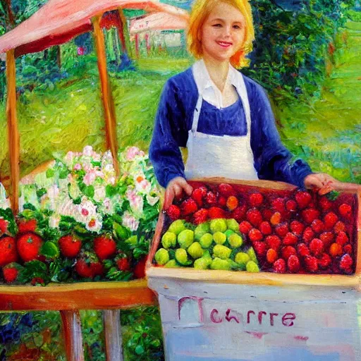 Image similar to Cute Blonde Girl with locks sells Strawberries in a fruit stand, oil on canvas, Impressionism