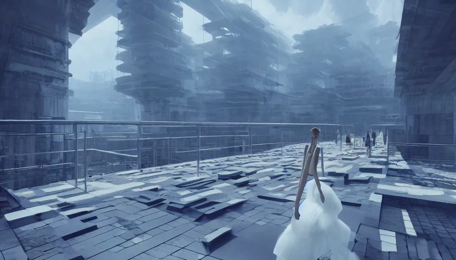 Image similar to Fashion Catwalk!! on a brutalist platform in an Angelic Floating City in the Clouds, Hyperrealistic, Intricate Details, Raytracing, Volumetric Lighting, Lightshafts, Blue and White Color Palette, Unreal Engine 5, Photorealism, Concept Art