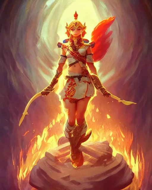 Image similar to zelda, full body photo, flames everywhere, highly detailed, digital painting, artstation, concept art, smooth, sharp focus, illustration, art by artgerm and greg rutkowski and alphonse mucha