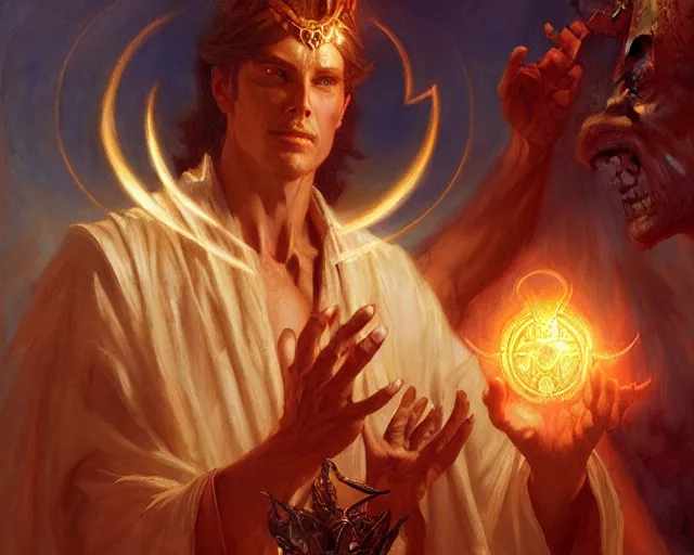 Image similar to attractive male deity, casting demonic magic, summoning handsome lucifer morning star. highly detailed painting by gaston bussiere, craig mullins, j. c. leyendecker 8 k