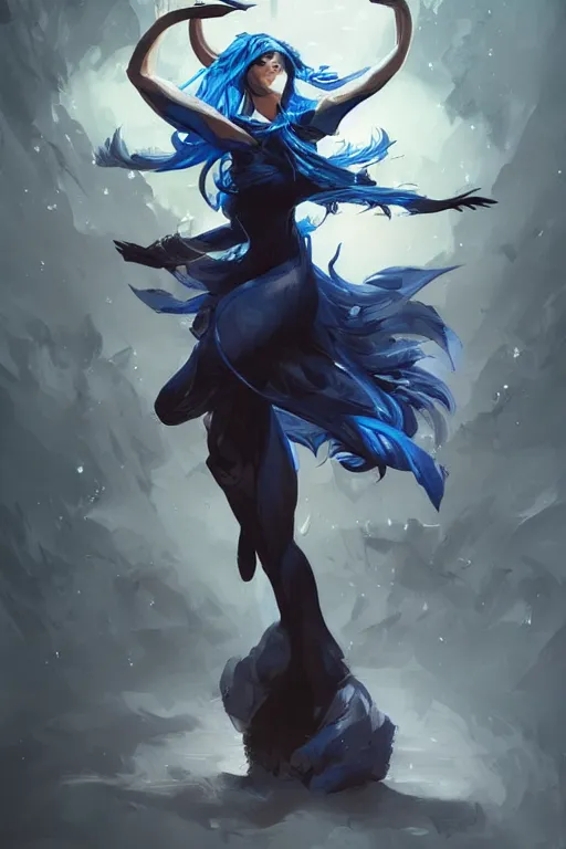 Image similar to fullbody!! dynamic action pose illustration, art by artgerm and greg rutkowski, beautiful woman with blue hair, antlers on her head, long flowing intricate black dress, dnd, face, fantasy, intricate, elegant, highly detailed, digital painting, artstation, concept art, smooth, sharp focus,