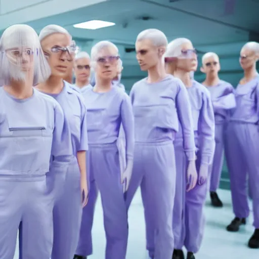 Image similar to troop of very short cloned women with white bob hairdos, tight light blue and lavender jumpsuits, standing next to tall scientist looking at a clipboard, futuristic cloning facility, sci - fi, highly detailed, cinematic