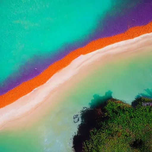 Prompt: Arial shot of a beach with orange sand and a sea of purple
