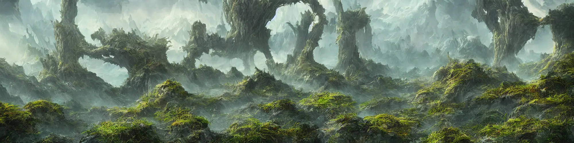 Prompt: An otherworldly landscape with alien plants and strange animals, gorgeous, trending on Artstation, digital art.