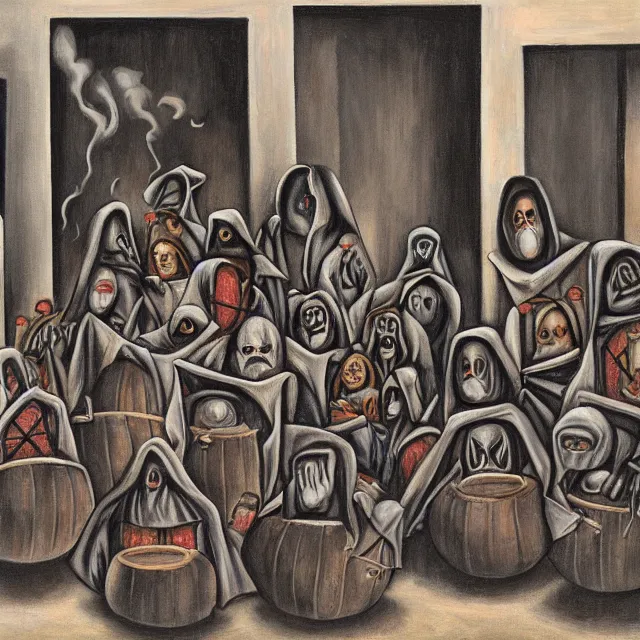 Image similar to several hooded disciples in purge masks, gathered in a brutalist courtyard, performing incantations over a fire in a barrel, by PJ Crook, oil on canvas