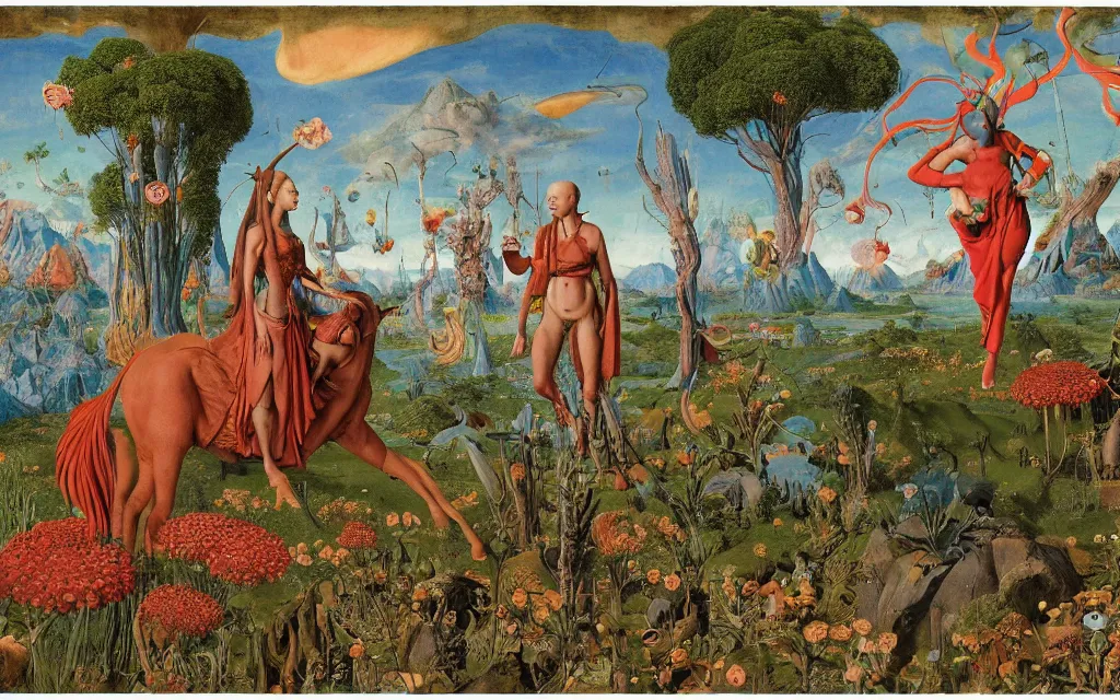 Image similar to a portrait photograph of a meditating elf and a centaur monk riding a rocket machine and hunting at a river delta. surrounded by bulbous flowers and trees. mountain range under a blue sky of fiery stars. by jan van eyck, max ernst, ernst haeckel, ernst fuchs and artgerm, cgsociety, fashion editorial, 8 k