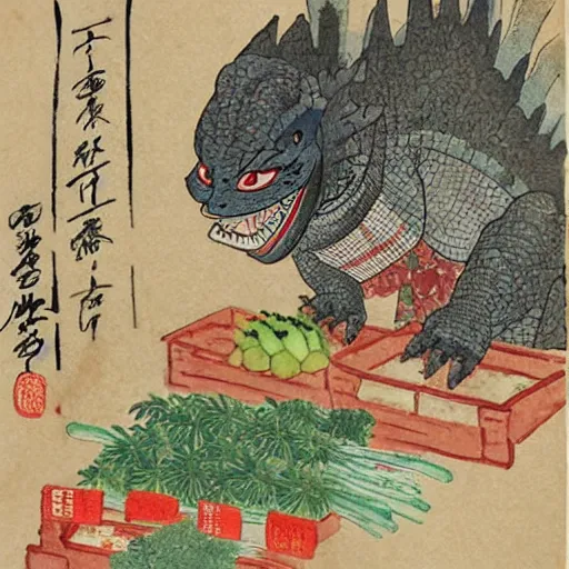 Prompt: ancient japanese watercolour of godzilla running a fruit stall in a market