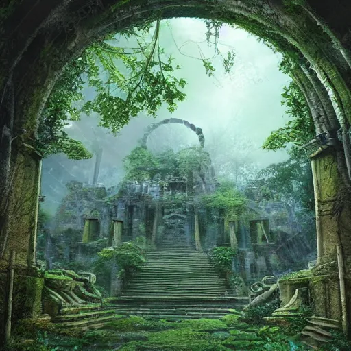 Prompt: beautiful ancient magical overgrown secret place, mysetrious etherial mesmerizing atmosphere, ancient ruins in the forest, extremely intricate, hyper detailed, hd, masterpiece