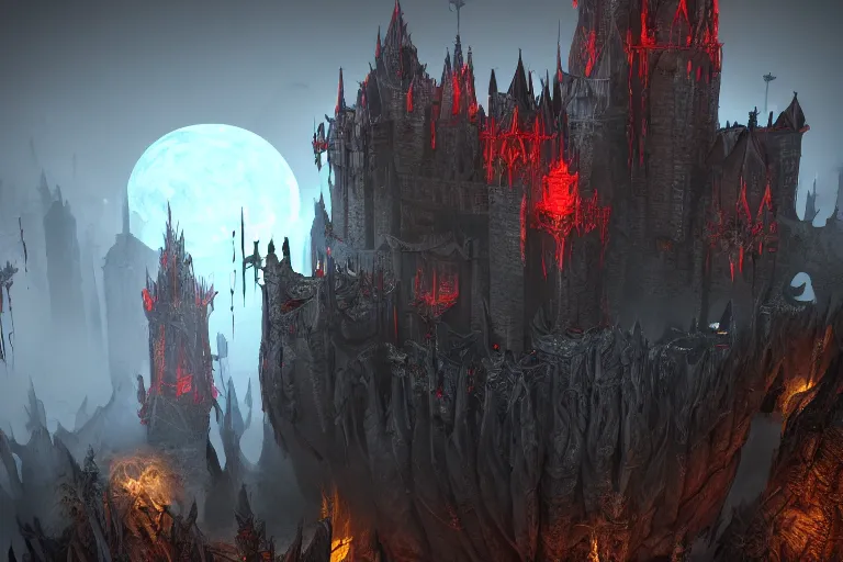 Image similar to big evil castle - city rock dark shadow elves, might and magic heroes vii, dark fantasy, shadows, artstation trending, unreal engine 5, red