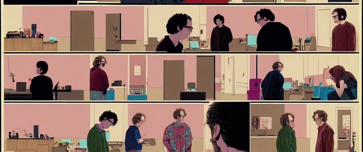 Prompt: character study of todd solondz mixed with charlie kaufman | vivid colors : storyboard, dramatic and emotional, concept design, realistic. by gabriel hardman, joe alves, j. todd anderson, chris bonura. cinematic atmosphere, detailed and intricate, perfect anatomy