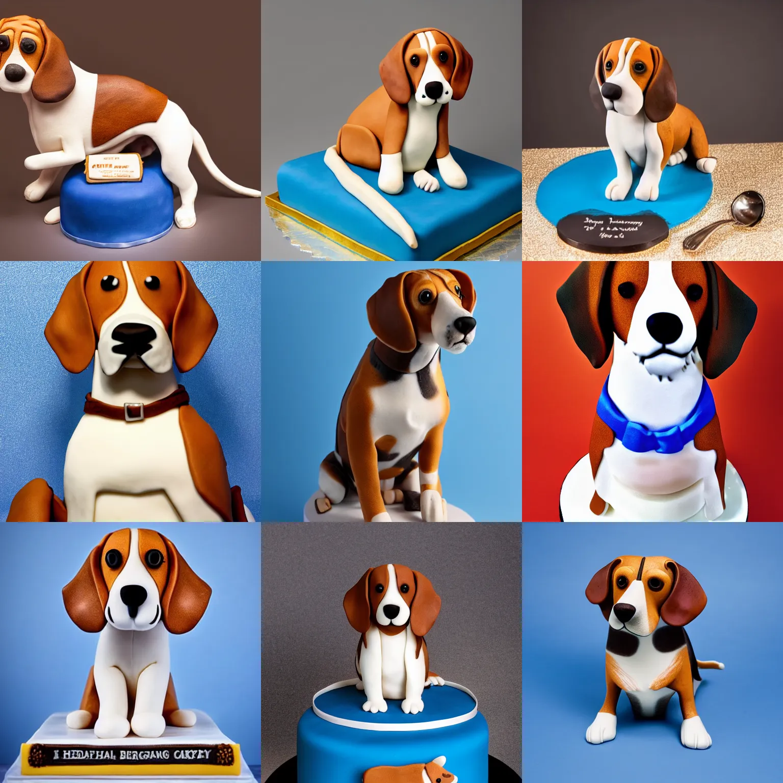 Image similar to a high quality photo of an award winning cake in the shape of a beagle, studio lighting, blue backdrop. HD