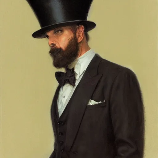Prompt: portrait of a dapper man with a skull helmet and top hat, by donato giancola.