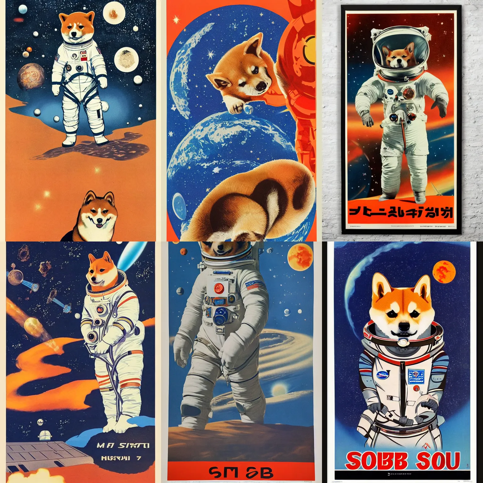 Prompt: Shiba Inu cosmonaut portrait, mars mission, 60s poster, 1972 Soviet