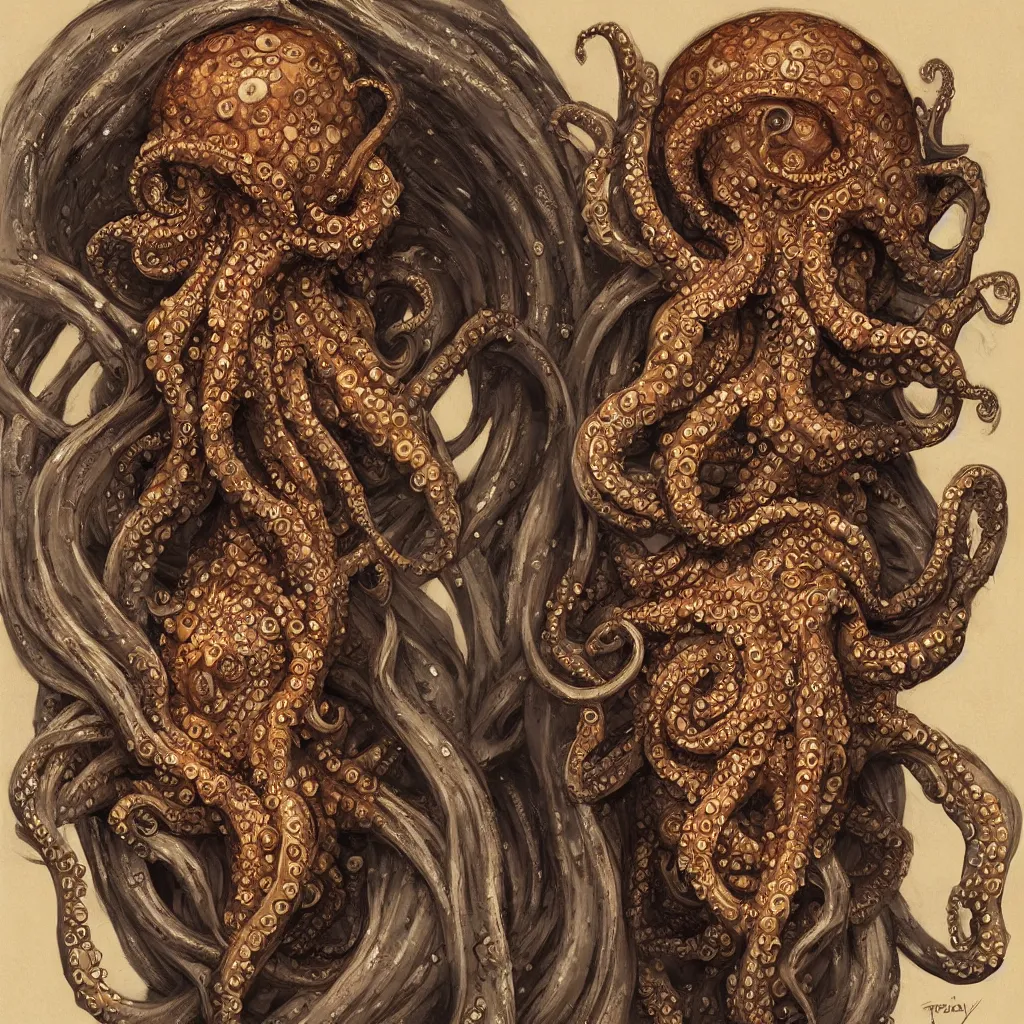 Prompt: beautiful and exotic octopus head bust portrait, glowering judging eyes, art nouveau declotage, perfect symmetrical facial features, hyperrrealistic bone structure, extremely hyperdetailed, mixed media painting, unreal engine, 8 k, octane, 8 mm, by travis charest, rodney matthews and chris achilleos