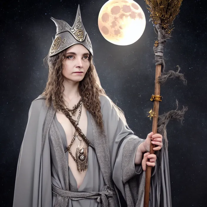 Image similar to professional photograph of a real - life beautiful elemental lunar witch with ornate grey robes and staff. extremely detailed. 8 k
