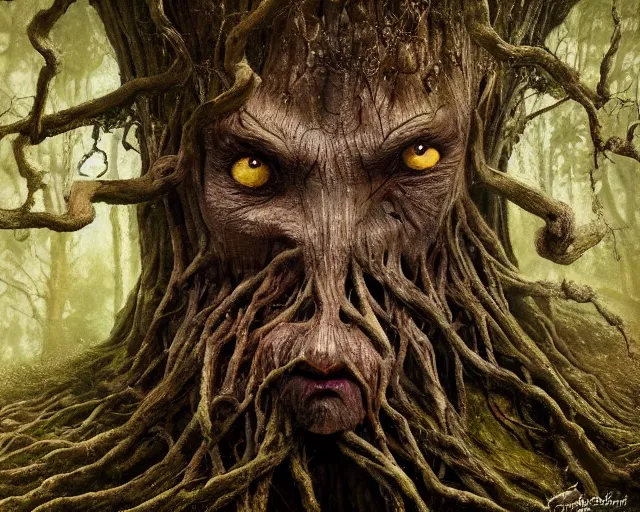 Prompt: a talking tree, a face in the bark, nose made of wood, mouth in the bark, eyes in the bark, fantasy concept art, fantasy oil painting, hyperrealistic, treebeard, ents, magical, highly detailed, artstation, cgsociety, in the forest