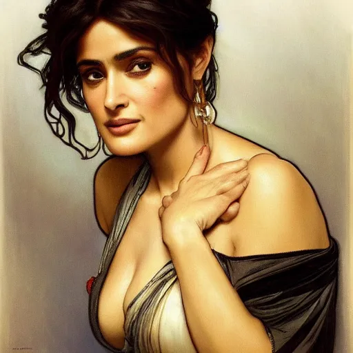 Prompt: salma hayek portrait by alphonse mucha, playful, fantasy, medieval, beautiful face, perfect detailed eyes, vivid colrs, elegant, concept art, sharp focus, digital art, hyper - realistic, 4 k, unreal engine, highly detailed, hd, dramatic lighting by brom, trending on artstation, holy halo