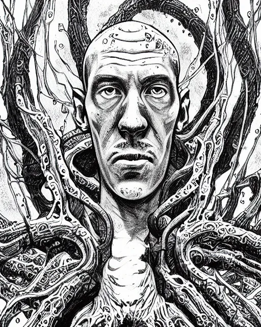 Prompt: h. p. lovecraft, pencil drawing, line art, black and white, fantasy art, monster art, illustration, fantasy, intricate, hyper detailed, artstation, concept art, smooth, sharp focus, ray tracing