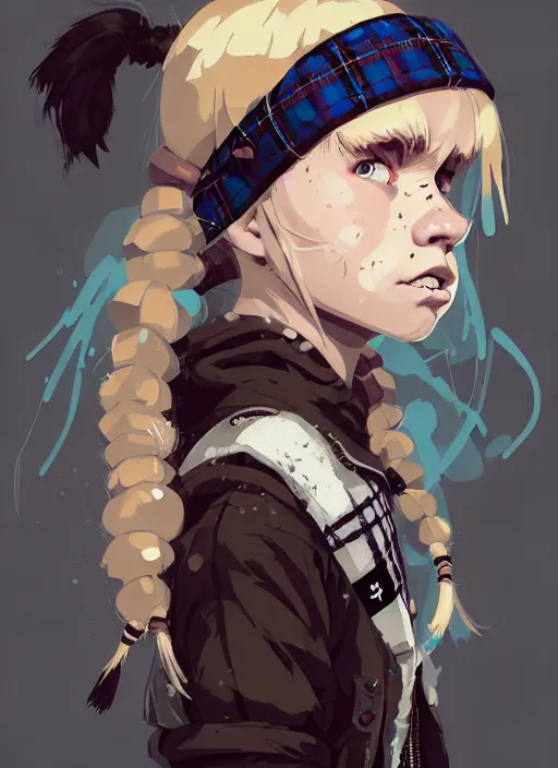 Prompt: highly detailed closeup portrait of a sewer punk swedish female barbarian student, tartan garment, blonde hair pigtails with headband by atey ghailan, by greg rutkowski, by greg tocchini, by james gilleard, by joe fenton, by kaethe butcher, gradient sapphire, black, brown and white color scheme, grunge aesthetic!!! white graffiti tag wall background