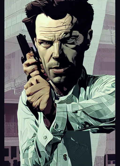 Image similar to poster artwork by Michael Whelan and Tomer Hanuka, a portrait of Max Payne dying from gunshot wounds, clean