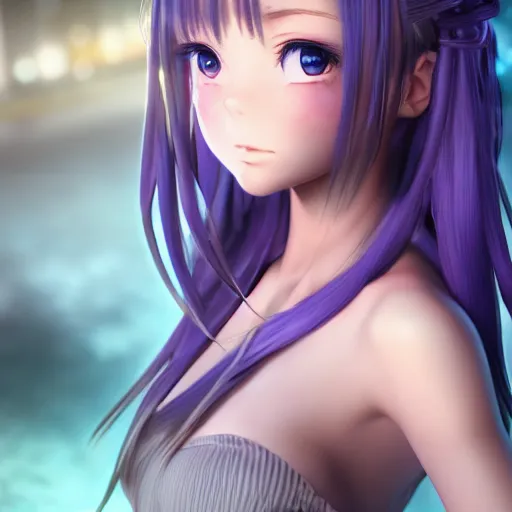 Prompt: render as a very beautiful 3d anime girl, hot petite, long braided blue violet hair, hazel eyes, full round face, short smile, cinematic lightning, medium shot, mid-shot, highly detailed, trending on Artstation, Unreal Engine 4k, cinematic wallpaper