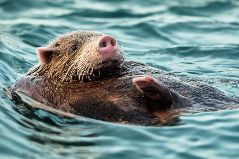 Image similar to a pig sea otter!!! hybrid! hyper realistic!! realistic lighting!! wildlife photographer of the year!!! bold natural colors, national geographic, hd, wide angle, 8 k