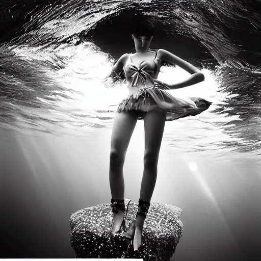 Image similar to medium format photograph of a surreal fashion shoot underwater