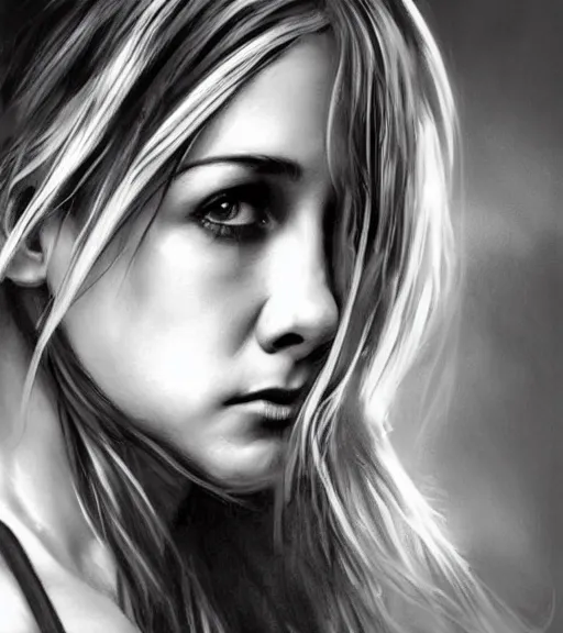 Image similar to aniston, beautiful piercing eyes, realistic face, black and white drawing, in the style of greg rutkowski, fantasy, amazing detail, epic, intricate, elegant, smooth, sharp focus