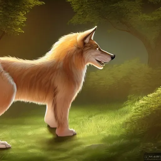 Prompt: professional stylized full - body digital art of a side profile of a cream tibetan wolf, tan and light brown accents, fluffy, falling leaves, hd, 8 k, highly detailed, high quality, cute