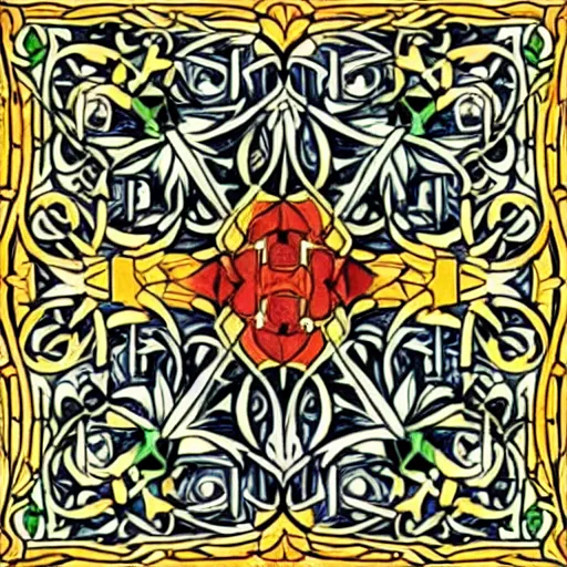 Image similar to beautiful painting of companion - cube!!!!!!!!!!!!!!!!! companion - cube!!!!!!!!!!!!!!!!!, art nouveau. by william morris, gaudy colors. intricate linework. sharp edges.