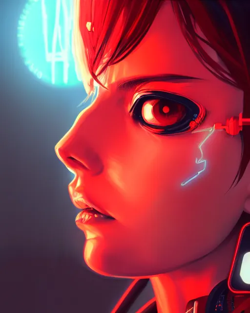 Image similar to a detailed potrait of a cyberpunk cyborg girl with black and red parts, perfect face, realistic shaded perfect face, detailed. night setting. very anime style. realistic shaded lighting poster by ilya kuvshinov katsuhiro, unreal engine, global illumination, radiant light, detailed and intricate environment