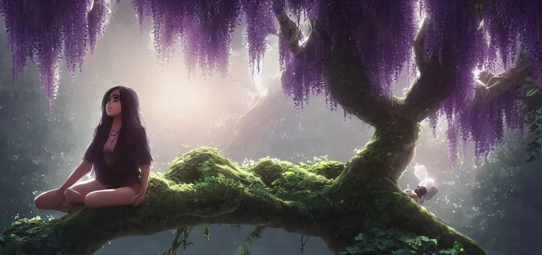 Prompt: Young Himalayan woman sitting in a large tree, glowing wisteria, night time scene, somber white eyes, long ashy hair, gentle lighting, futuristic, dim lighting, digital art by Makoto Shinkai ilya kuvshinov and Wojtek Fus, digital art, concept art,