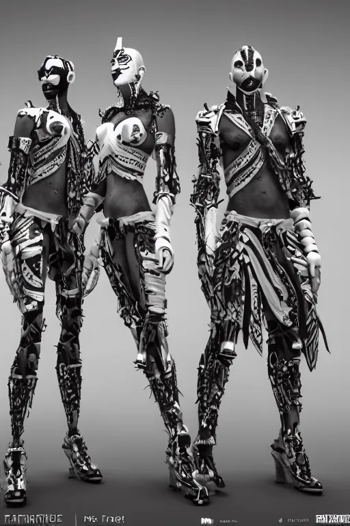 Image similar to white cyborg fashion shot, male maasai punk warriors, fractal decorations, savannah background, unreal engine, trending on artstation,