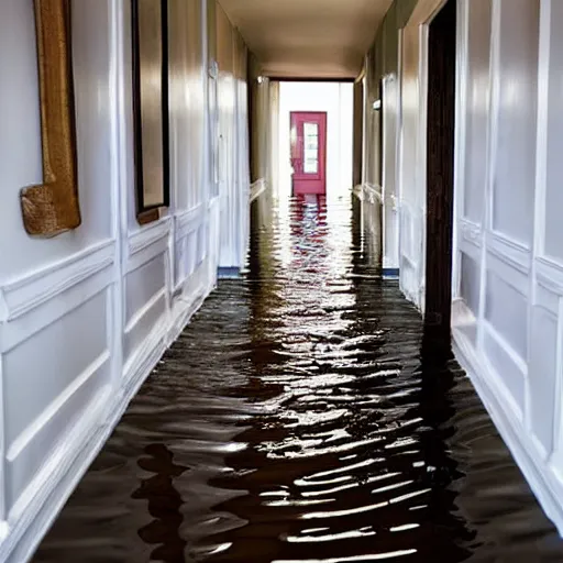 Prompt: flooded hallway in a cozy house, oddly familiar, liminal, unsettling,